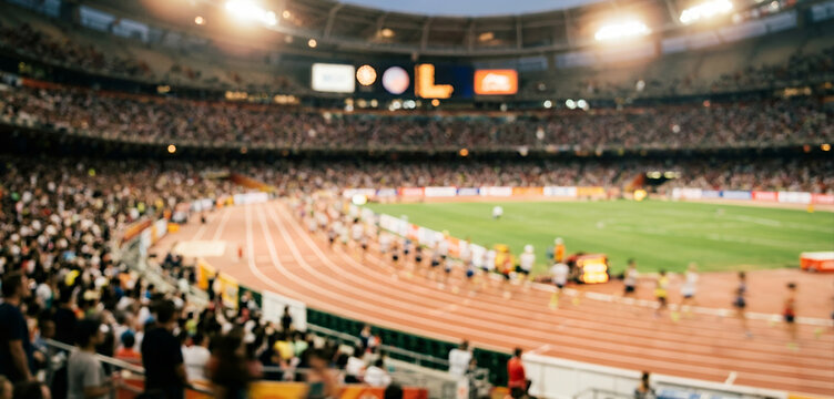 Fully blurred marathon stadium filled with indistinct spectators, soft running track and glowing lights creating a dynamic sports background for race promotion, fitness campaigns and advertising.