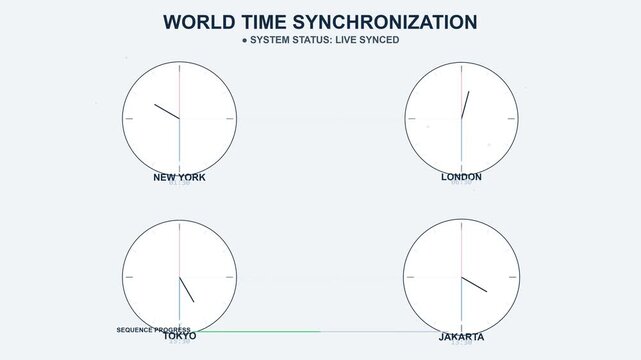 World time synchronization with global city clocks animation