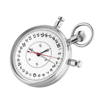 Silver analog stopwatch with mechanical dial isolated. Transparent PNG image.