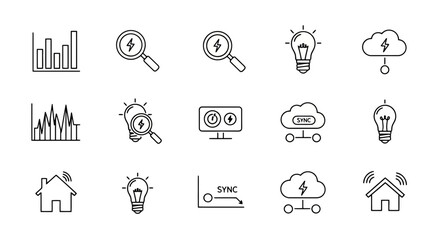 Fototapeta premium A collection of line art icons representing various concepts related to technology, data analysis, and innovation.