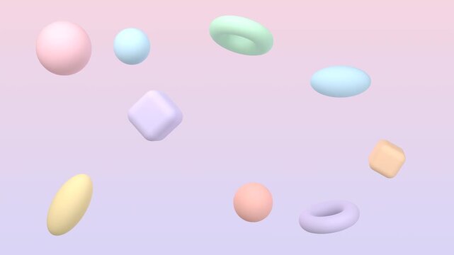 Pastel floating 3D shapes spheres torus cube soft matte seamless loop 4K background
