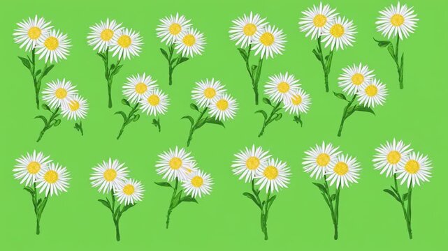 White daisies in neat rows against a vivid green backdrop with subtle cinematic motion