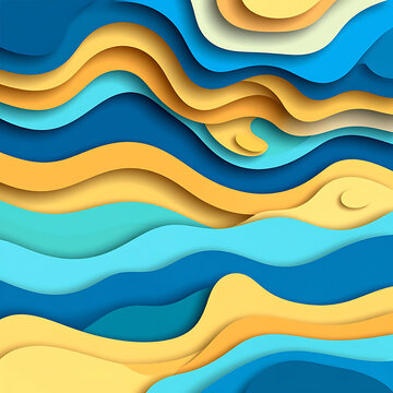 Abstract layered paper cut background with flowing waves in blue, teal, and yellow, showcasing depth and texture