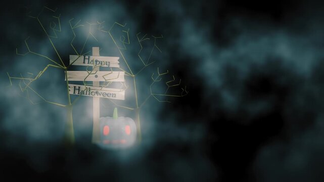 Happy Halloween carved pumpkin face and rickey old broken wooden signpost in fog