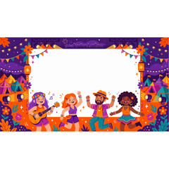 Fototapeta premium Summer Music Festival Poster Template with Diverse People Dancing at Outdoor Concert Venue and Blank Frame for Text