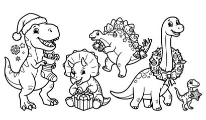 Christmas Party Dinosaur Coloring Book Outline Characters Vector Set © MdSajjad