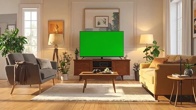 A modern living room featuring a television with green screen