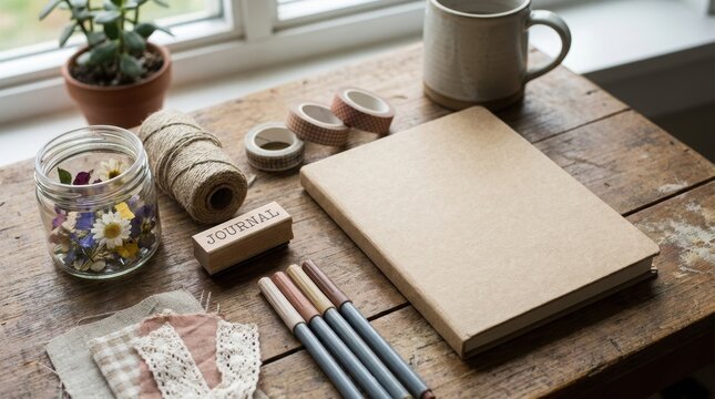 DIY diary kit on rustic wooden table with craft supplies. Blank notebook for creative writing, scrapbooking, and journaling. Hobby and art project concept for artistic lifestyle.