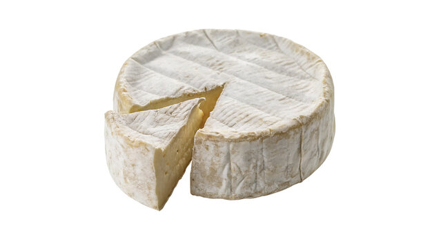 Single round wheel head of white soft brie cheese gourmet isolated on transparent background