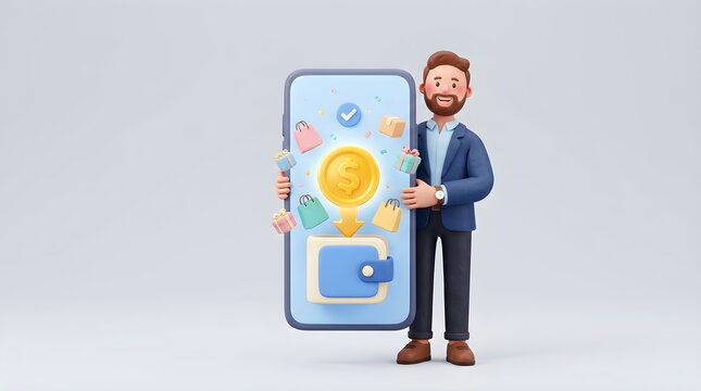 Businessman Holding Smartphone with Digital Shopping and Online Payment Concept