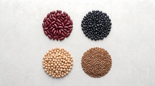 Assorted dried beans and legumes arranged in circles on a light grey stone background.