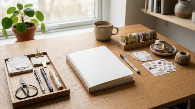 Diy diary kit with blank notebook, stationery and washi tape on wooden desk. Creative journal planning supplies for personal organization and craft project.