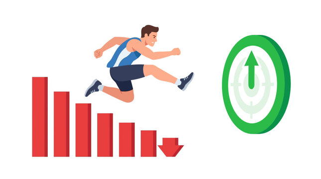Determined Man Jumping Over Declining Red Bar Chart Towards Success Target Flat Vector Element