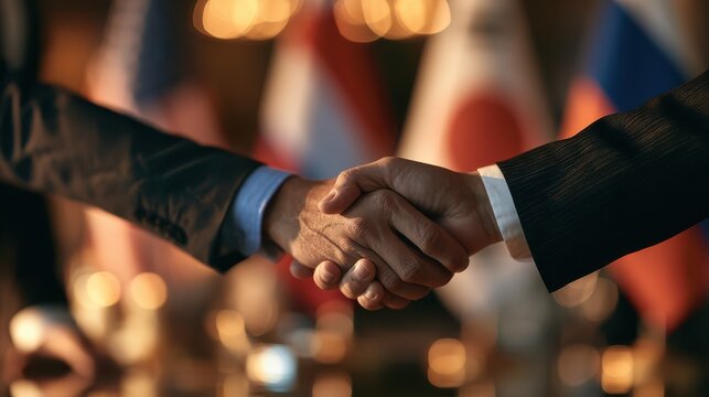 Two business leaders from different countries shaking hands, symbolizing international cooperation, partnership, and global business relations in a professional setting.
