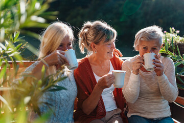 Senior female friends enjoying coffee together on cabin terrace getaway.