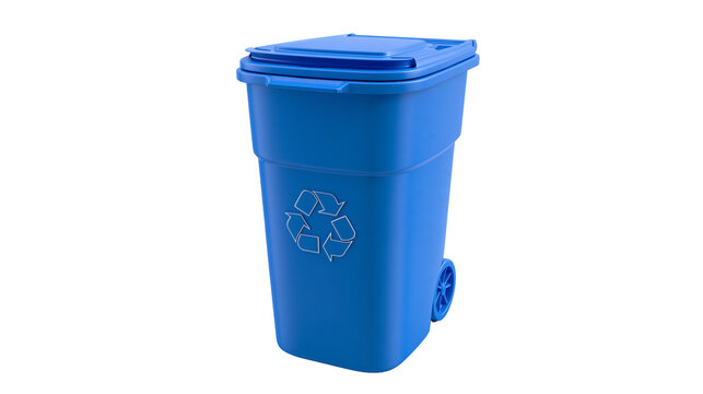 Blue wheeled recycling bin with recycling symbol