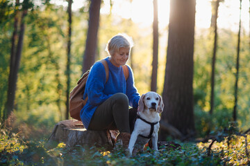 Obraz premium Senior woman with dog on walk outdoors in nature.