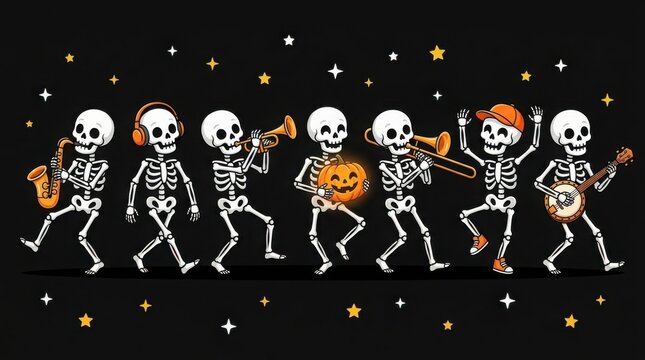 Halloween spooky skeleton dance party with glowing skulls