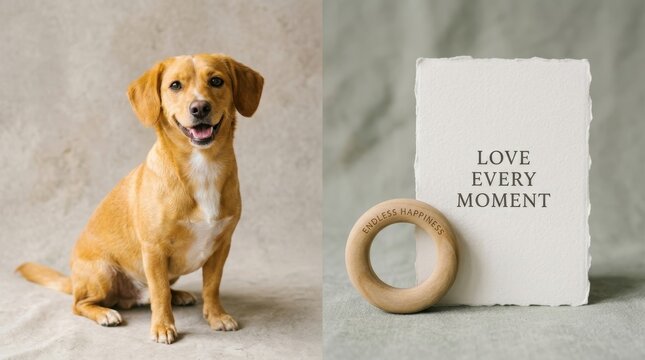 Adorable ginger dog sits happily beside an inspirational greeting card with the text love every moment and a wooden ring engraved with endless happiness, ideal for heartwarming pet lifestyle imagery.