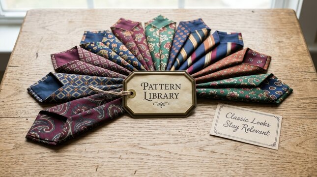 A collection of vintage patterned neckties arranged in an elegant fan shape on a rustic wooden surface with a Pattern Library tag and a card stating that classic looks stay relevant in fashion today.