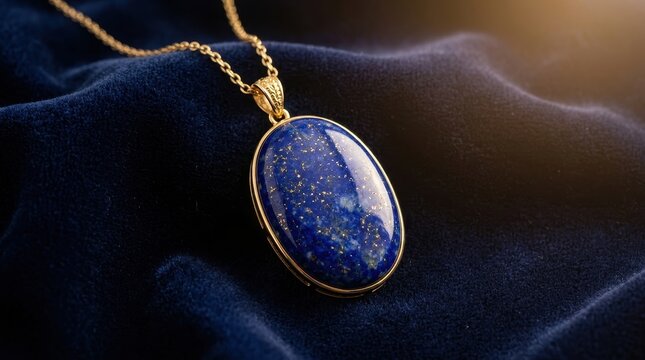 Polished oval lapis lazuli gemstone pendant with gold chain necklace, elegant jewelry on dark textured fabric