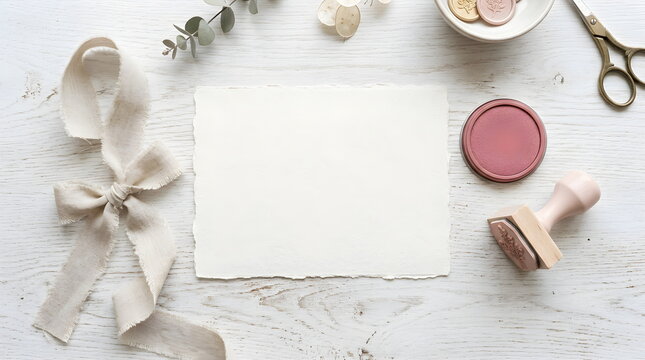 Blank Handmade Paper Card with Wooden Stamp and Craft Supplies