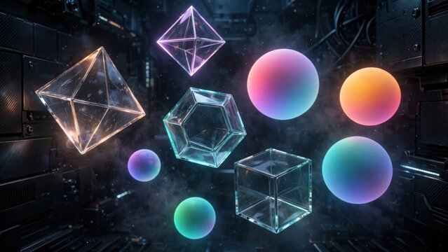 Abstract Geometric Shapes with Neon Glow in Dark Sci-Fi Environment.
