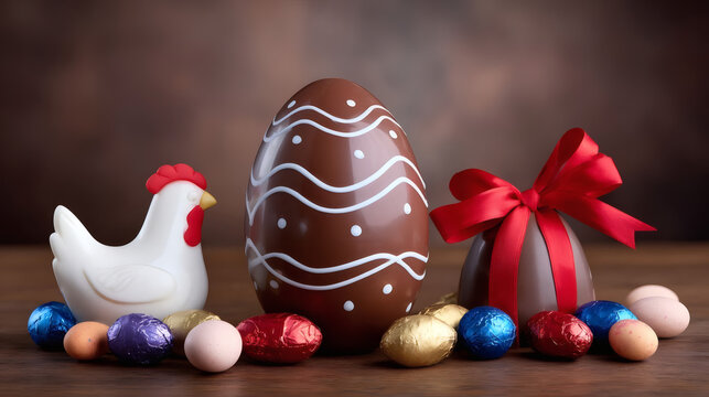 Easter composition with chocolate eggs, candy, ceramic chicken, and a chocolate egg with a red bow, arranged on a wooden table against a brown background.