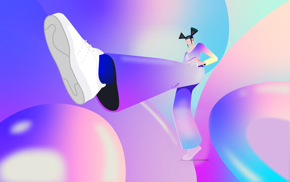 Stylized Woman Performing a High Kick in Colorful Abstract Illustration