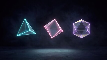 Naklejka premium Three Geometric Shapes Glowing with Neon Light on Dark Background.