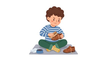 Fototapeta premium Life skills for kids teaching young boy how to polish shoes independently with brush and cloth