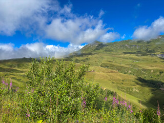 Obraz premium Alpine meadow and mountain ridges in Les Contamines-Montjoie, France