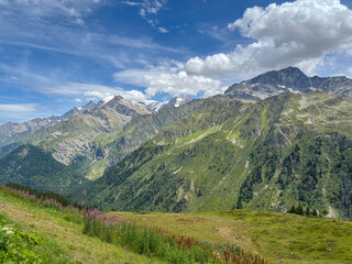 Obraz premium Clear summer view of Mont Blanc from alpine slopes, France