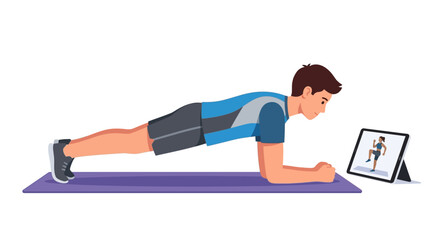 Fototapeta premium Young man performing core plank exercise while watching online fitness tutorial on tablet flat vector illustration