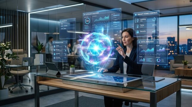 A woman in a modern office interacts with a holographic interface displaying various data and charts.