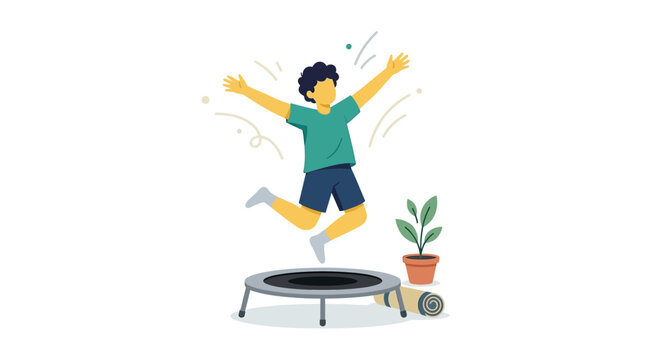 Active young boy jumping on mini trampoline for fitness and exercise flat vector element