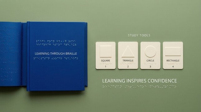 Educational braille book set including tactile flashcards with shapes like square triangle circle and rectangle for blind people, representing accessible tools for vision impaired learning