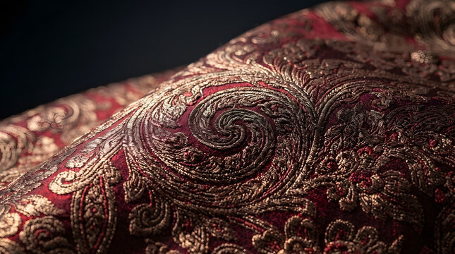 Intricate paisley pattern on rich red fabric.