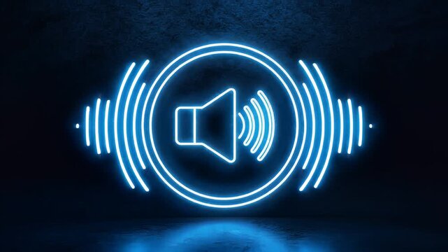 Neon blue sound wave icon glowing in dark digital environment with reflection