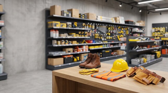 Workwear and tools on display in hardware store with shelves equipment background arranged table hardware safety gear tool belt hard hat construction gloves with retail , Labour Day