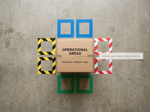 Organized cardboard box labeled operational areas sits on concrete floor surrounded by colored safety floor markers including blue yellow red and green zones to show efficient warehouse workflow tools