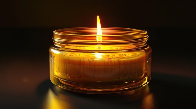 Candle in a glass jar glows with a warm flickering flame against a dark background, creating an atmosphere of tranquility and relaxation.