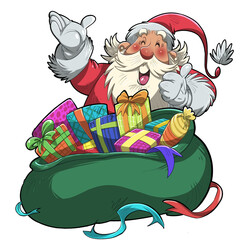 Naklejka premium Cheerful Santa Claus with a Sack Full of Colorful Christmas Gifts Cartoon Character in Retro Comic Style