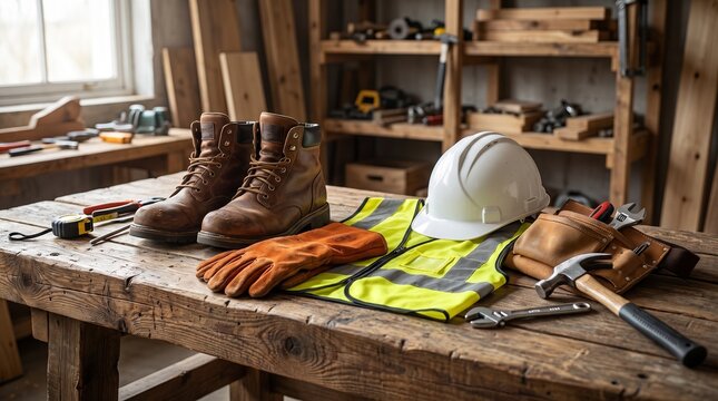 Construction workwear and tools on wooden workshop table with blurred background shelving collection construction arranged wooden tape measure hard hat equipment , Labour Day