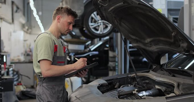 Portrait of a skilled car mechanic in a workshop, with service in the background.
