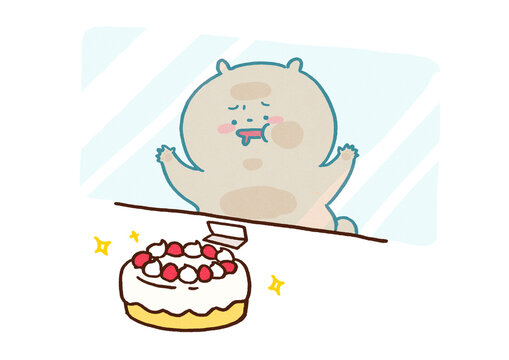 Bear sticking to a pastry showcase and drooling over a whole shortcake, craving sweets or huge appetite concept