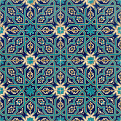Fototapeta premium Intricate Islamic Geometric Pattern showcasing vibrant blue and turquoise tiles with elaborate interlocking shapes, creating a mesmerizing decorative mosaic texture