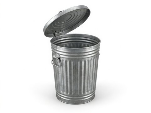 Open metal trash can with lid on white background isolated on white background