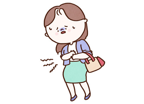Woman bending over and rubbing her stomach with a painful expression, stomachache or abdominal pain concept