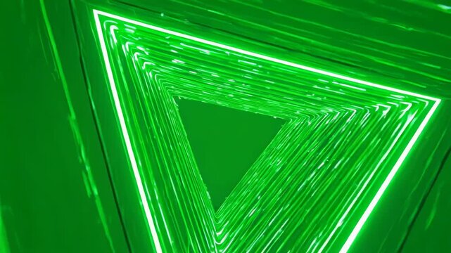 Green abstract tunnel of glowing triangles in infinite motion during a digital journey